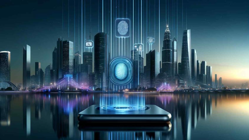 Image of a mobile phone in front of a city, with icons that represent identification like finger prints, for the blog what is electronic identity verification