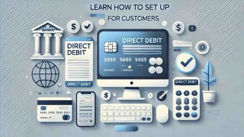 image of a laptop, credit and debit cards and calculators for the blog learn how to set up direct debit for customers