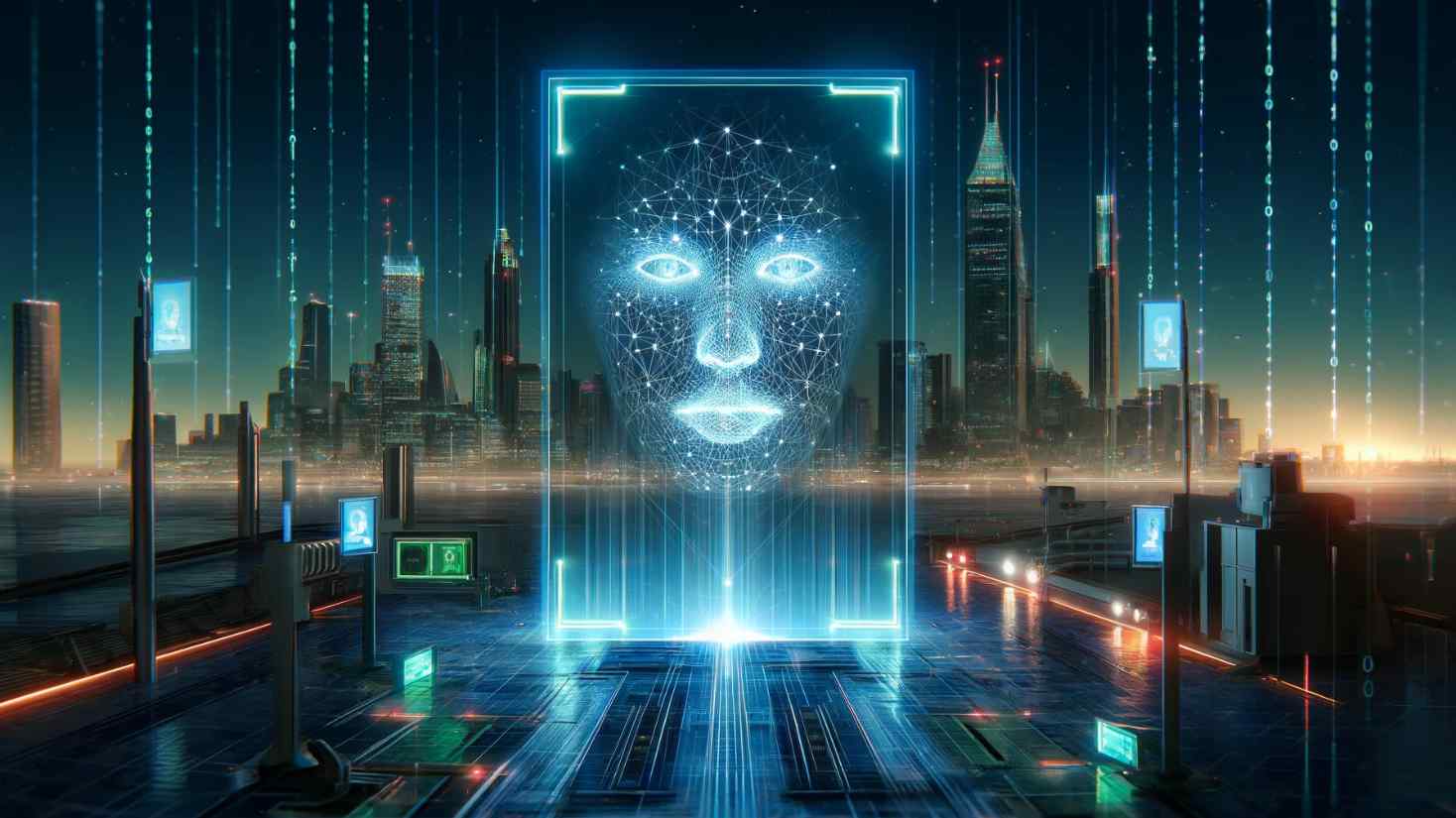 Futuristic image of a face being screened in represent digital identification software, for the blog what are the advantages of an identity verification platform