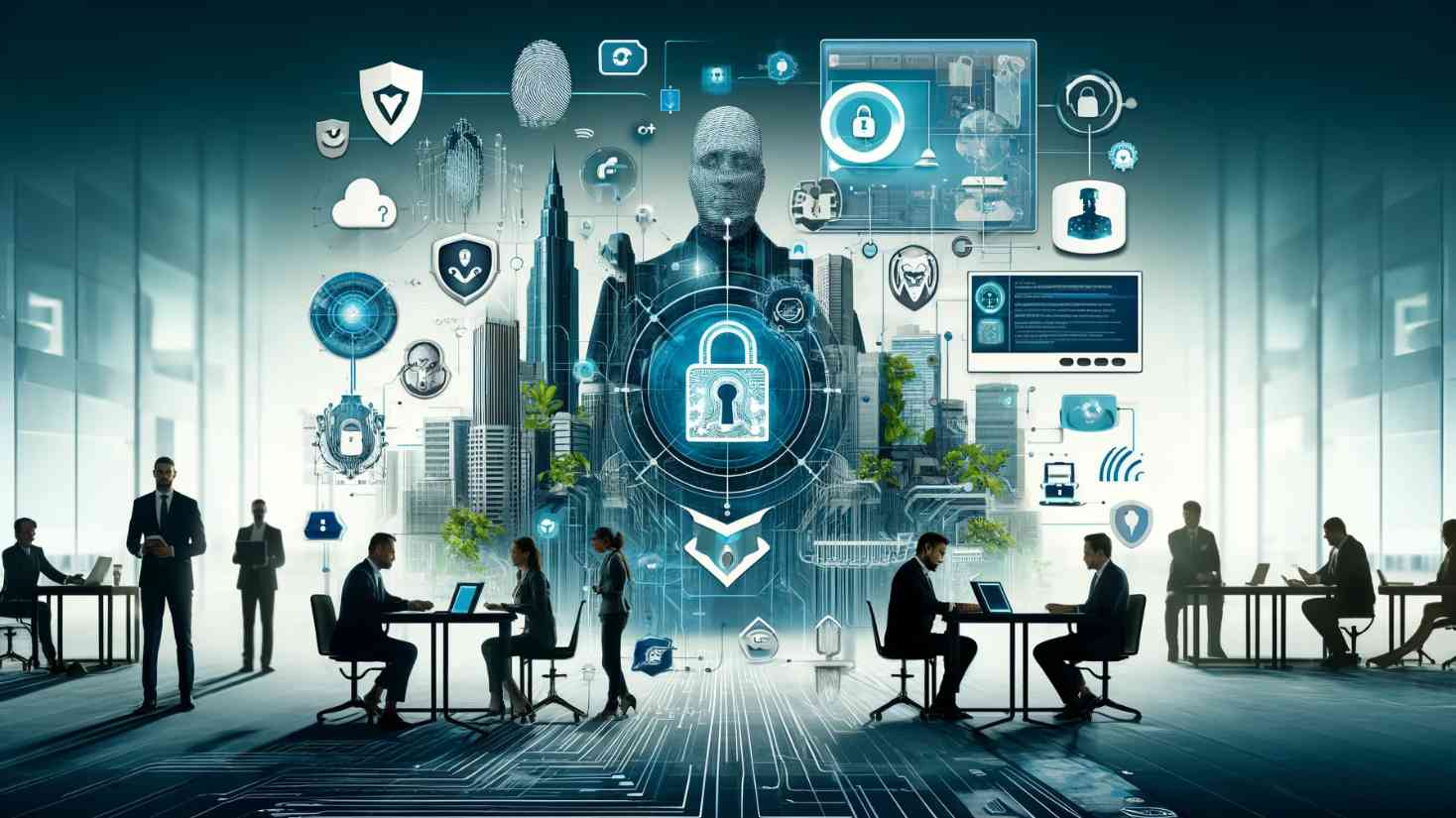 A futuristic image of users at computers surrounded by verification signals and locks, for the blog how can businesses prevent identity fraud?