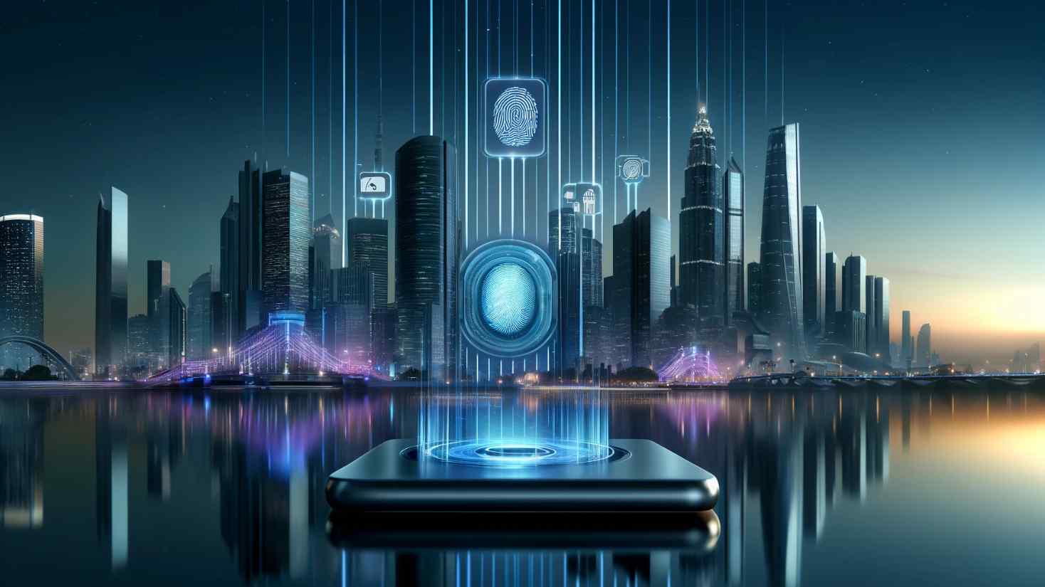 Image of a mobile phone in front of a city, with icons that represent identification like finger prints, for the blog what is electronic identity verification
